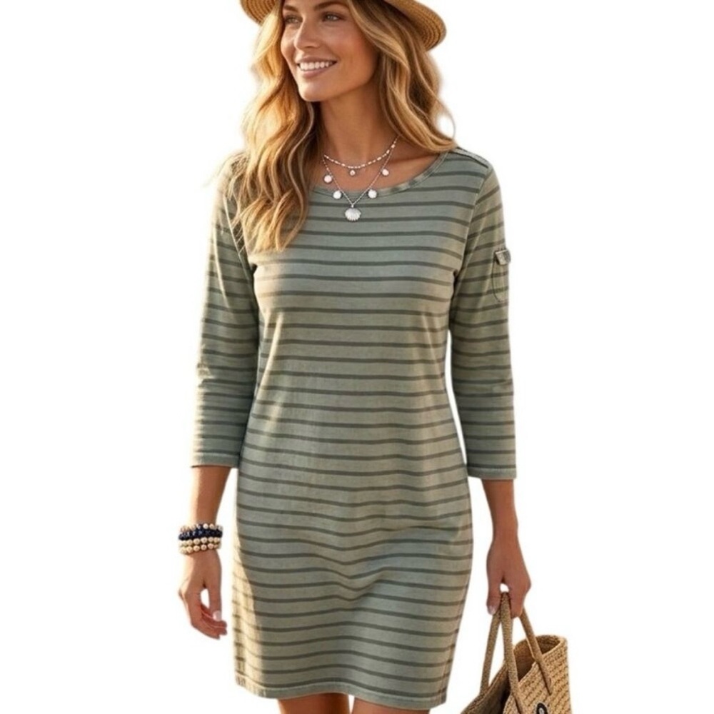 Vineyard Vines Olive Green Striped Knit Shift Mini Dress M Nautical Casual